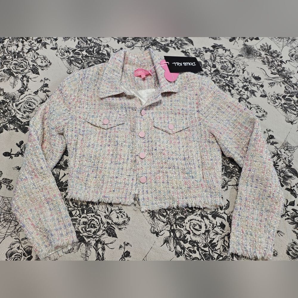 Dolls Kill Sugar Thrillz Pink Cropped Tweed Jacket